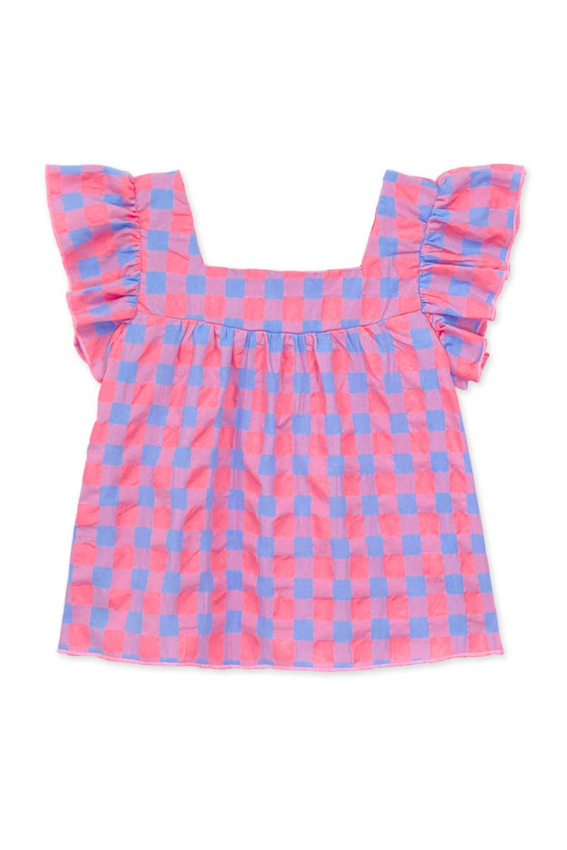 GKT-18004B Girl's Checker Fashion Top w/ Square Neckline