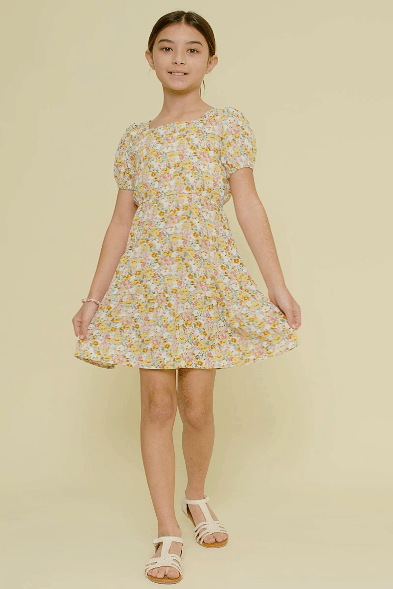 Girls Puff Sleeve Floral Tied Square Neck Dress