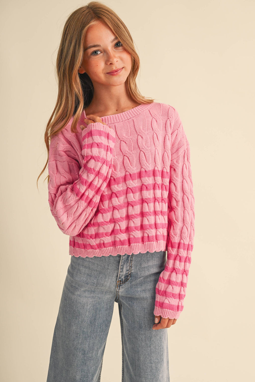 CABLE KNIT BOXY CROPPED PULLOVER