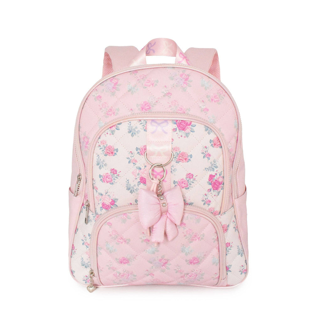 Floral Quilted Large Backpack with Bow Charm