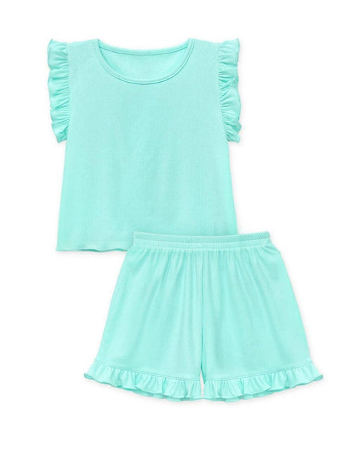 GKSS-Q24-3320B Girls 2 pc Ribbed Short Set w/ Ruffle Sleeve
