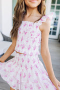 The Hallie Ruched Tween Top - Pink Floral Ruffle
