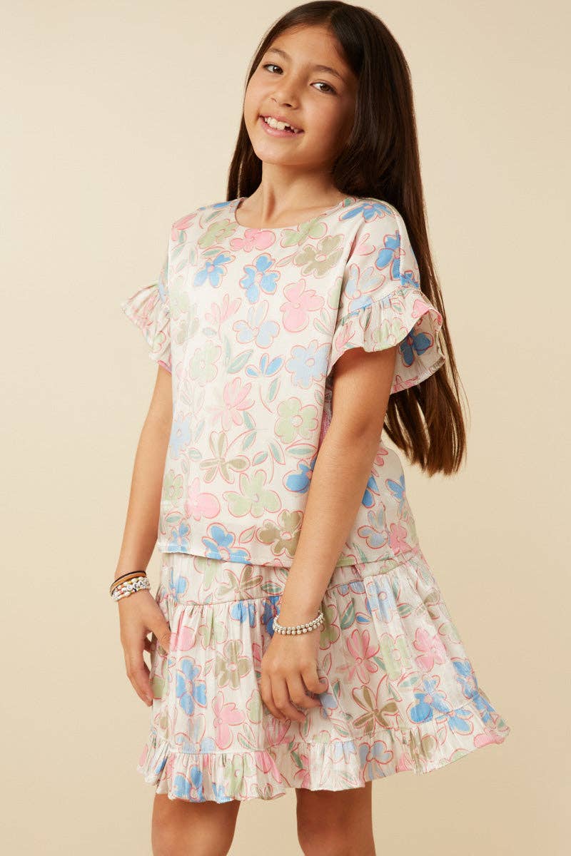 Hayden LA - Girls Floral Ruffle Sleeve Foiled Top