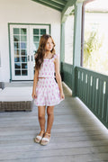 The Hallie Ruched Tween Top - Pink Floral Ruffle
