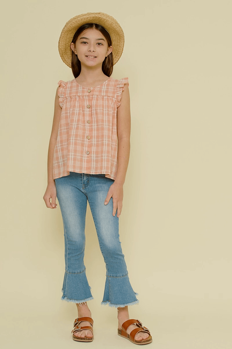 Hayden LA - Girls Textured Plaid Ruffled Button Up Tank