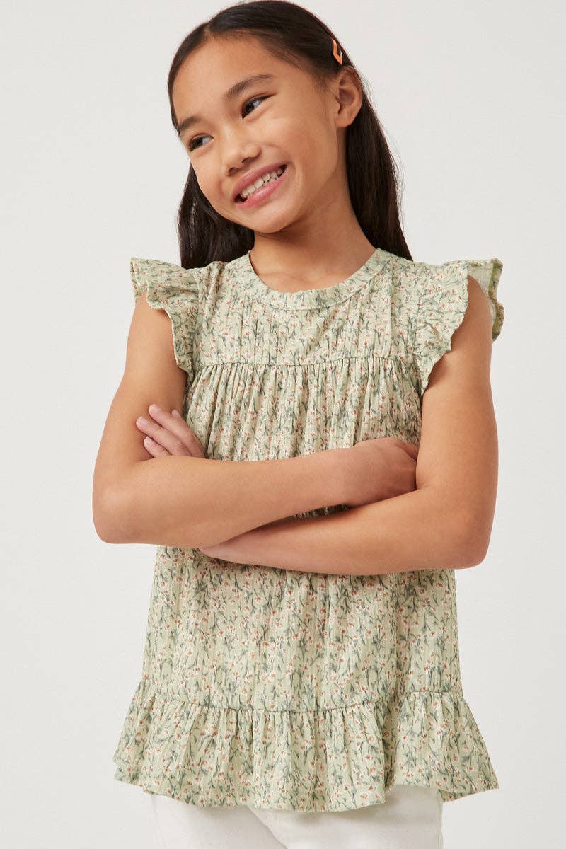 Girls Textured Floral Knit Ruffle Detail Tank
