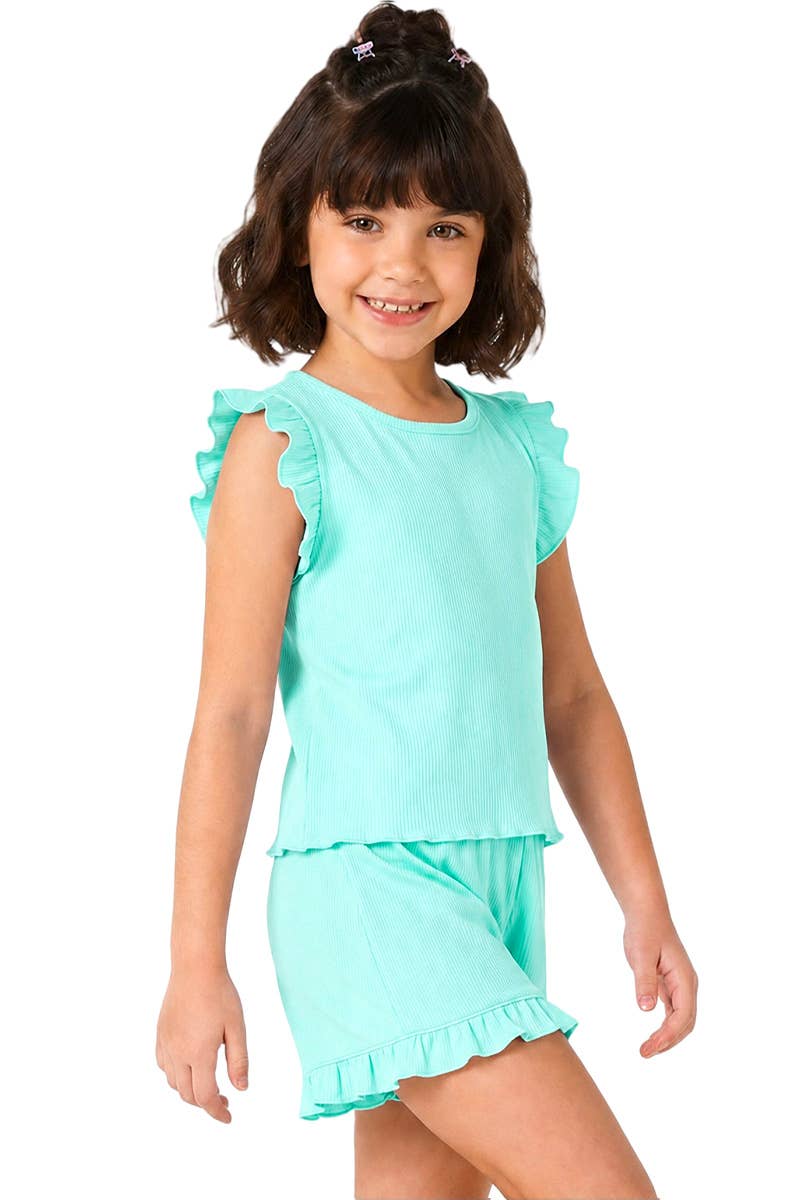 GKSS-Q24-3320B Girls 2 pc Ribbed Short Set w/ Ruffle Sleeve