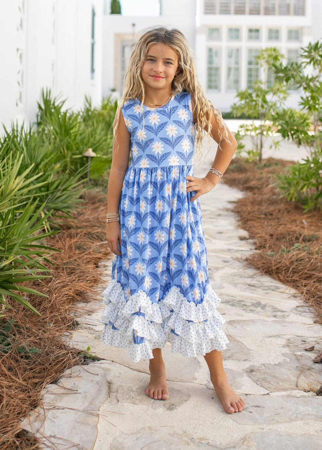 Girls Olivia 3 Ruffle Blue Floral Summer Dress