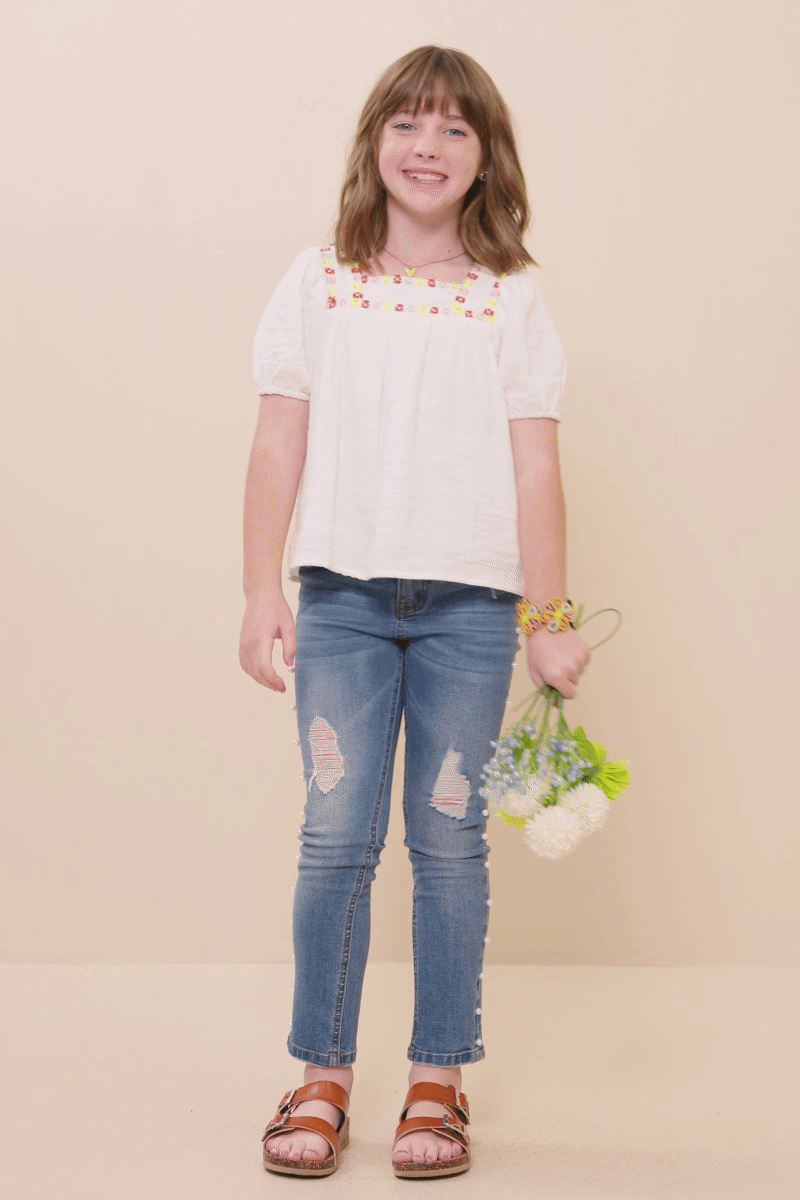 Hayden LA - Girls Contrast Floral Lace Square Neck Textured Top