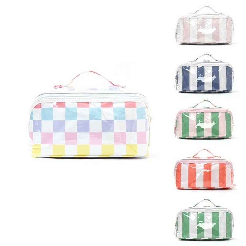 CHECKER STRIPED  Pink/Green, Red/Pink, Checker OPEN FLAT COSMETIC MAKEUP POUCH | 40P610