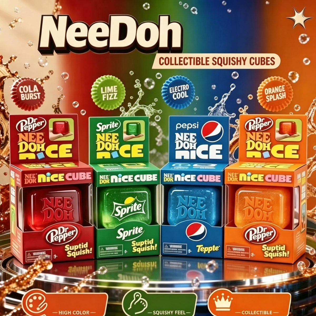 NEEDOH Coke, Dr. Pepper, Fanta, Reg Pink & blue Stress Relief Fun Ice Blocks - Colorful Squishy Toys