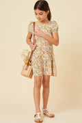Girls Puff Sleeve Floral Tied Square Neck Dress