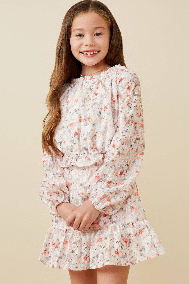 Girls Eyelet Embroidered Floral Cinch Waist Top