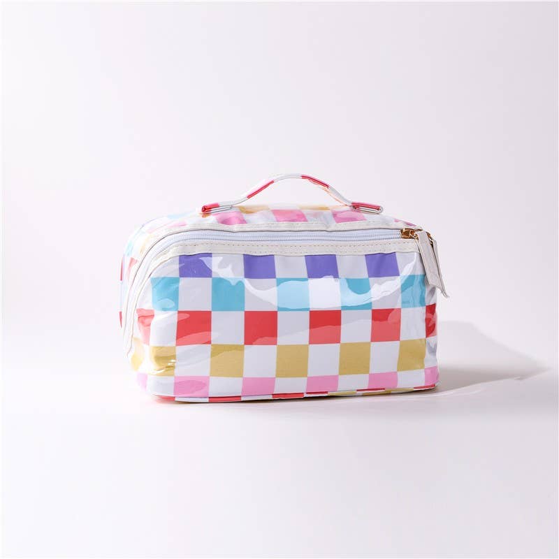 CHECKER STRIPED  Pink/Green, Red/Pink, Checker OPEN FLAT COSMETIC MAKEUP POUCH | 40P610